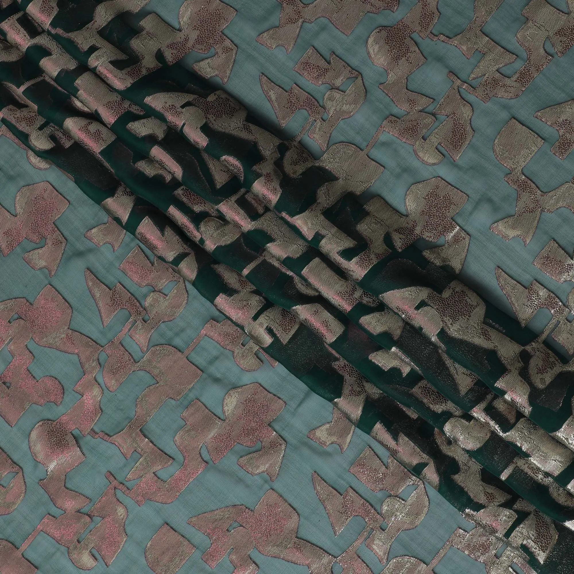 Bottle green Premium pure silk chiffon fabric with gold metallic lurex in abstract design-D17230