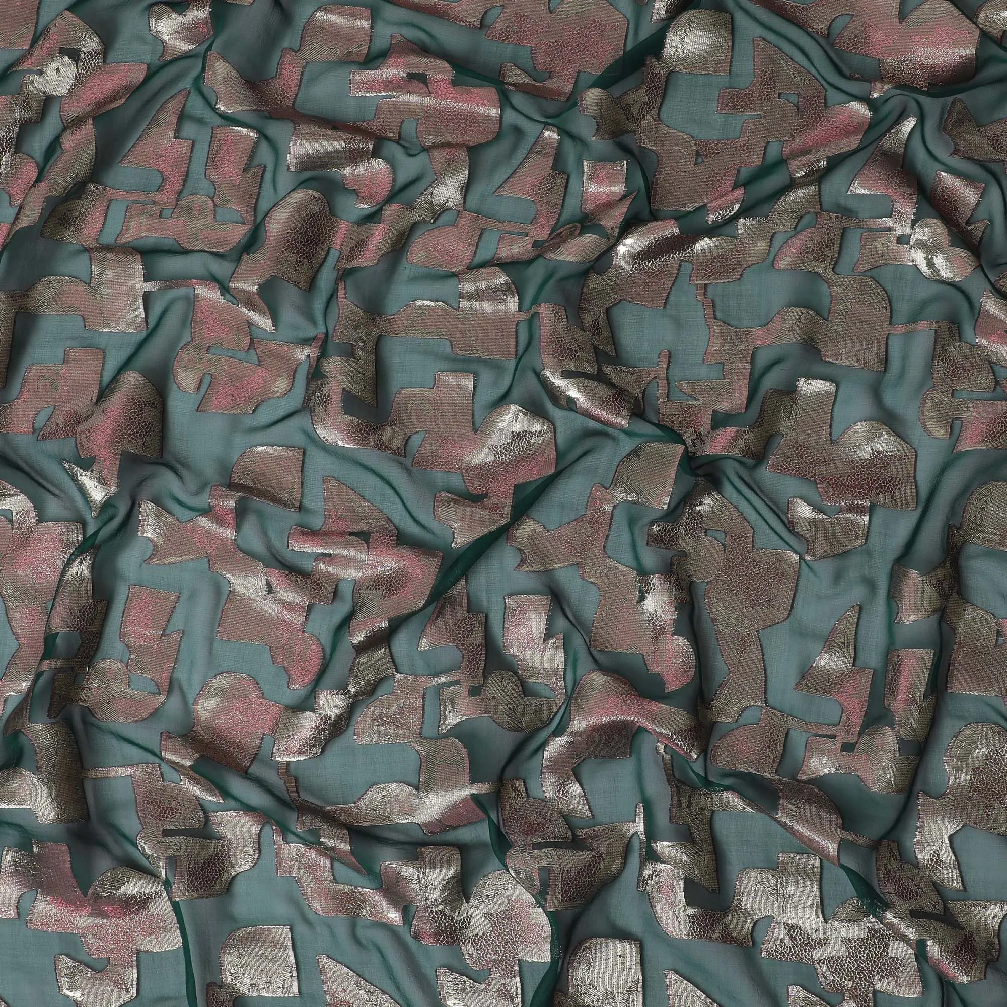 Bottle green Premium pure silk chiffon fabric with gold metallic lurex in abstract design-D17230