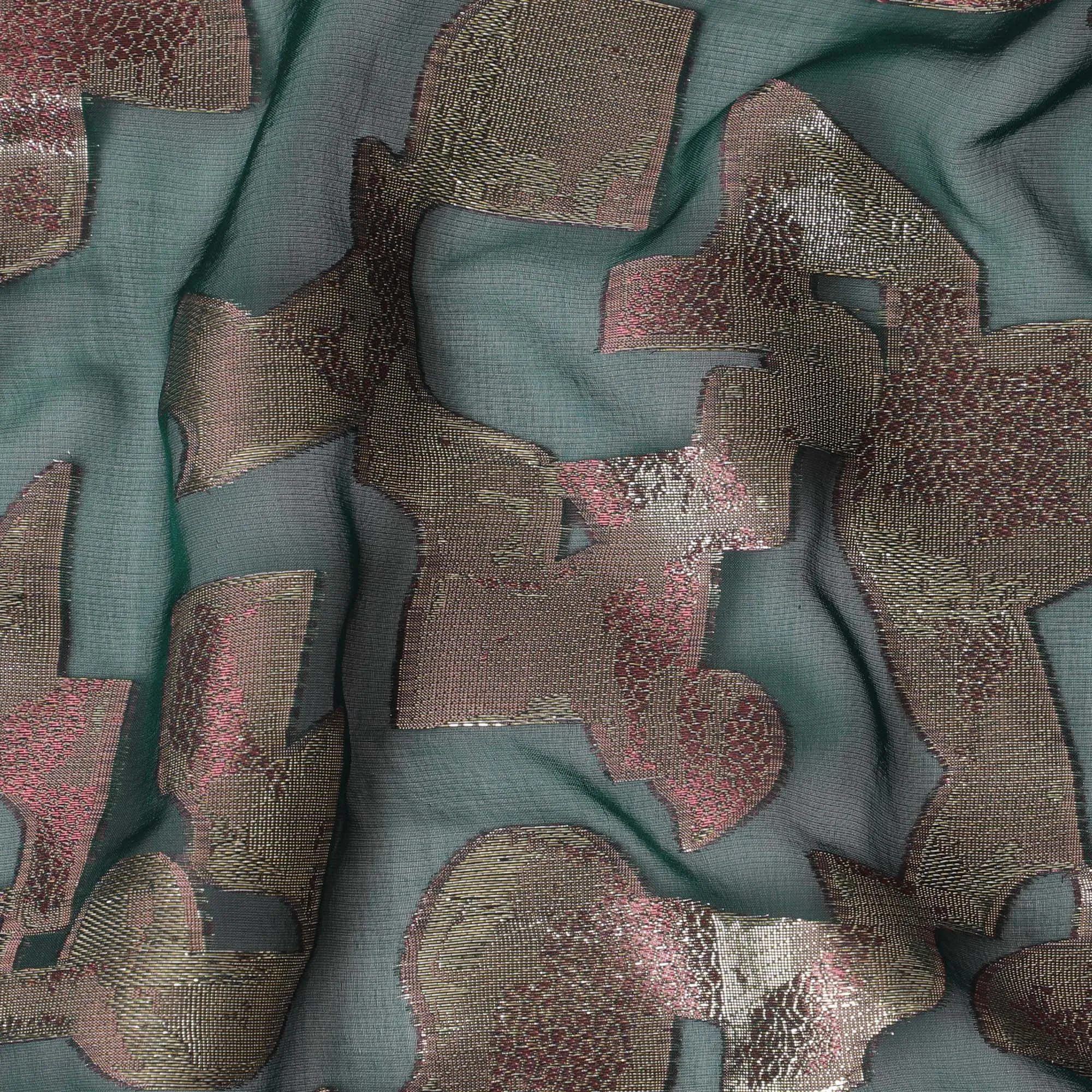 Bottle green Premium pure silk chiffon fabric with gold metallic lurex in abstract design-D17230