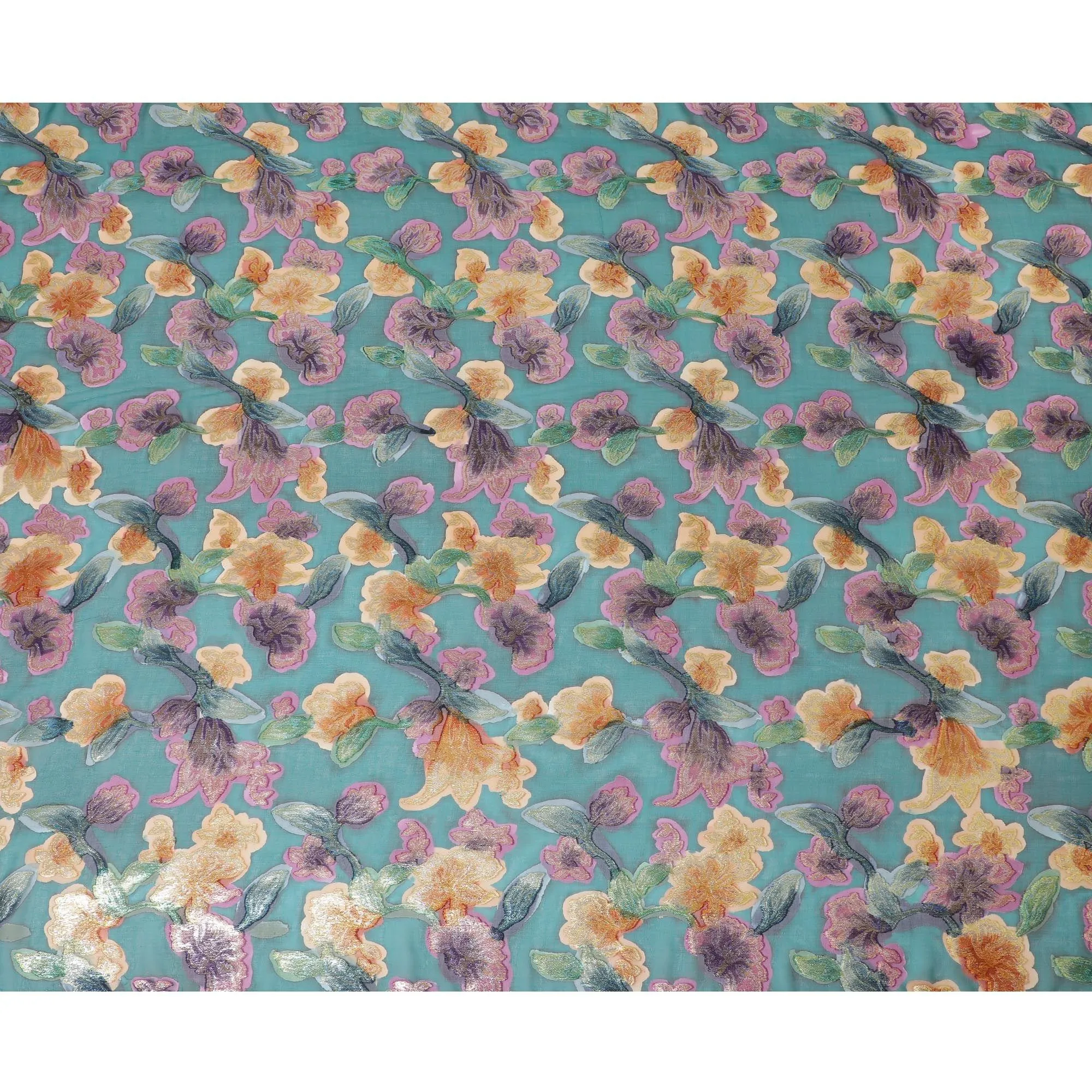 Bottle green premium pure silk chiffon fabric with multicolor hand printed and metallic lurex in floral design-D10427