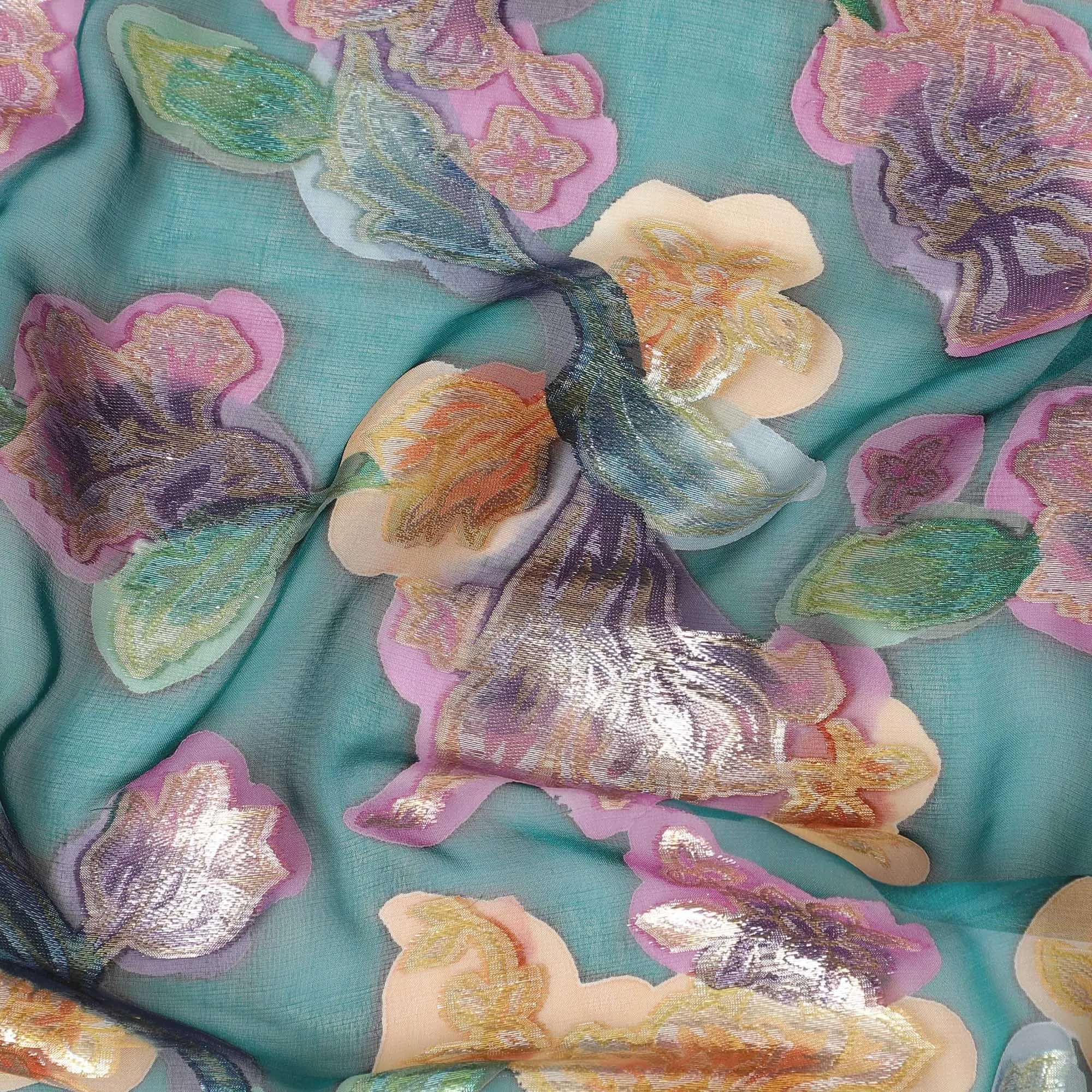 Bottle green premium pure silk chiffon fabric with multicolor hand printed and metallic lurex in floral design-D10427