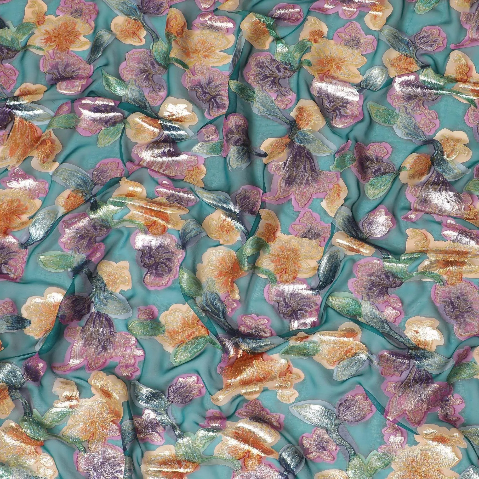 Bottle green premium pure silk chiffon fabric with multicolor hand printed and metallic lurex in floral design-D10427