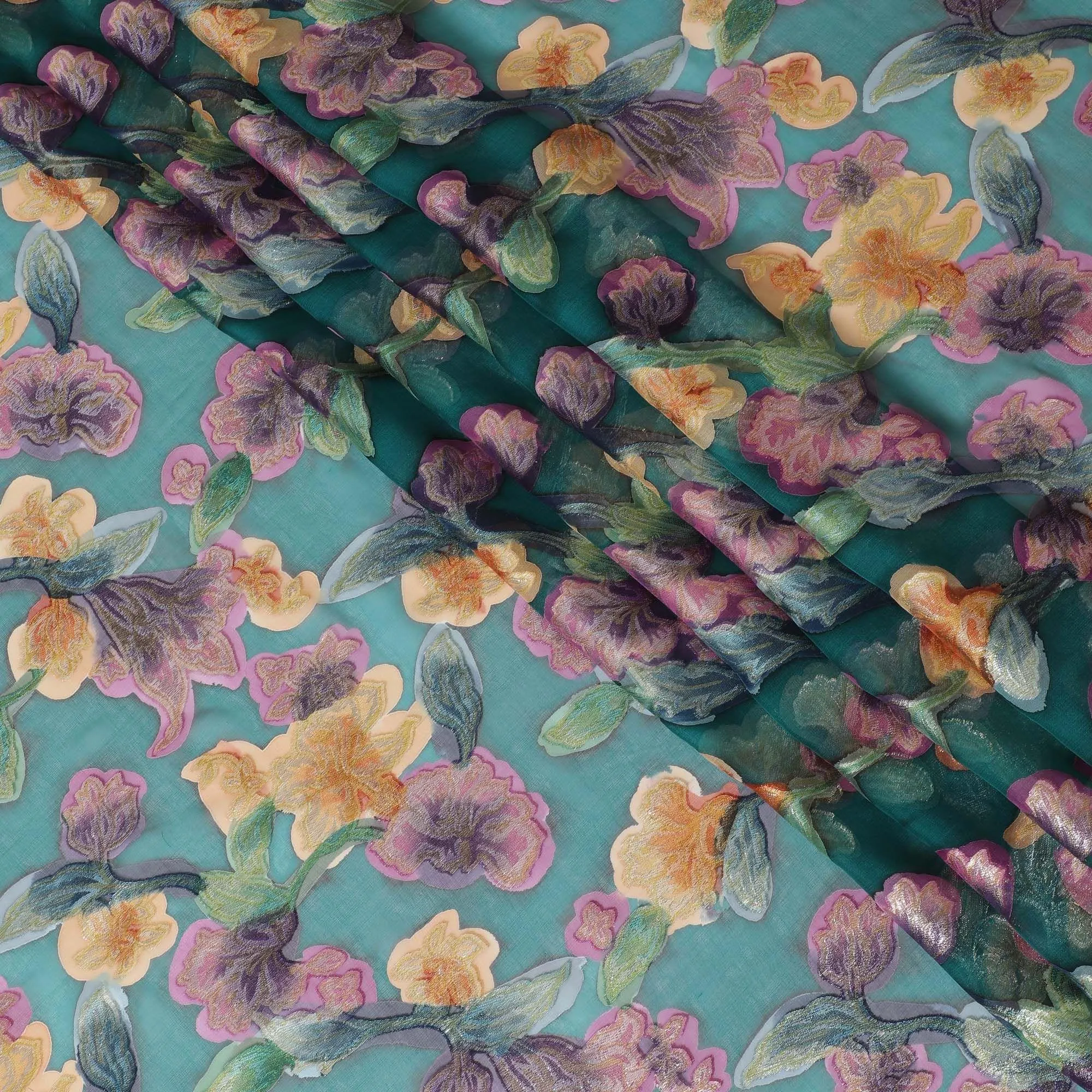 Bottle green premium pure silk chiffon fabric with multicolor hand printed and metallic lurex in floral design-D10427