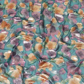 Bottle green premium pure silk chiffon fabric with multicolor hand printed and metallic lurex in floral design-D10427