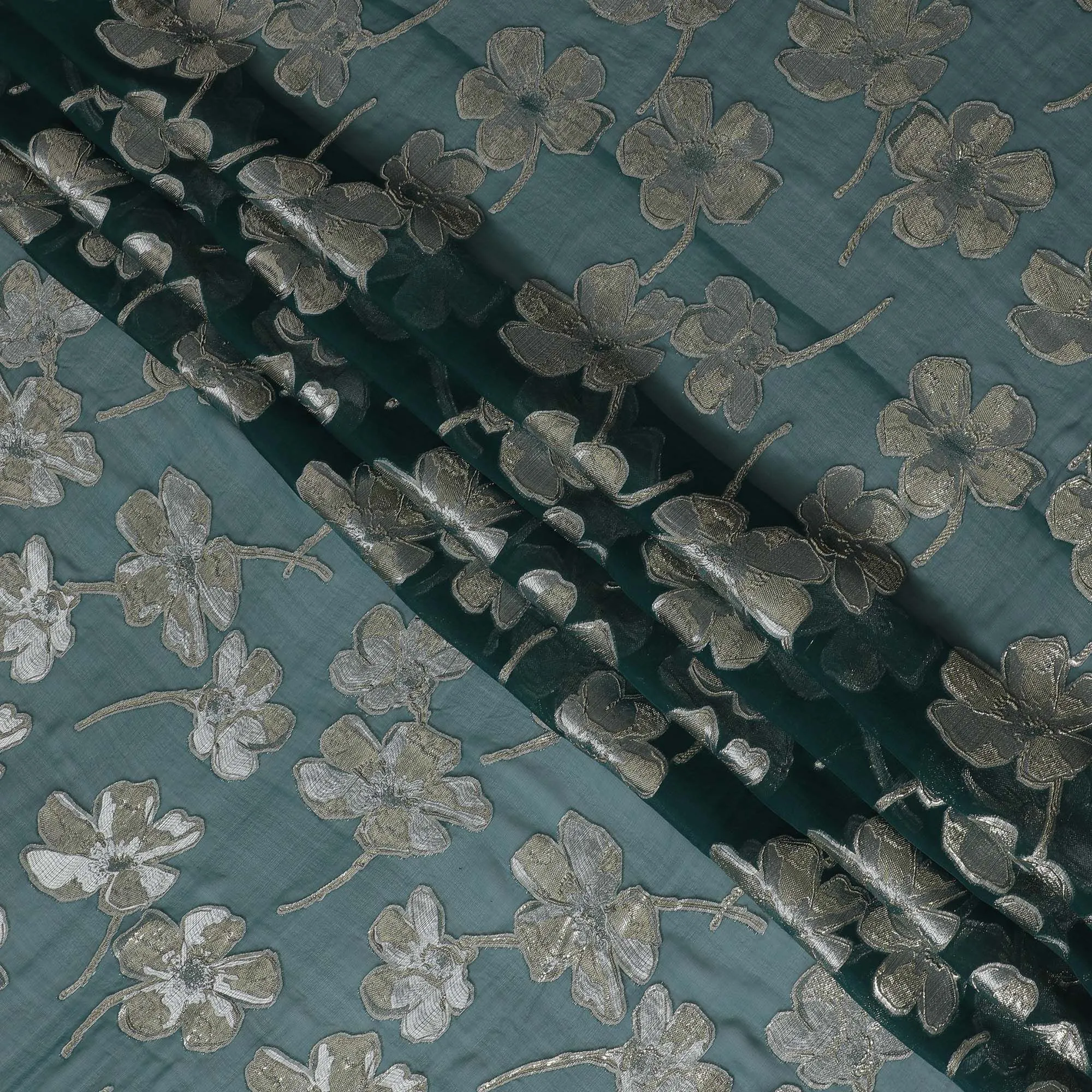 Bottle green Premium pure silk chiffon fabric with same tone viscose having gold and silver metallic lurex in floral design-D17234