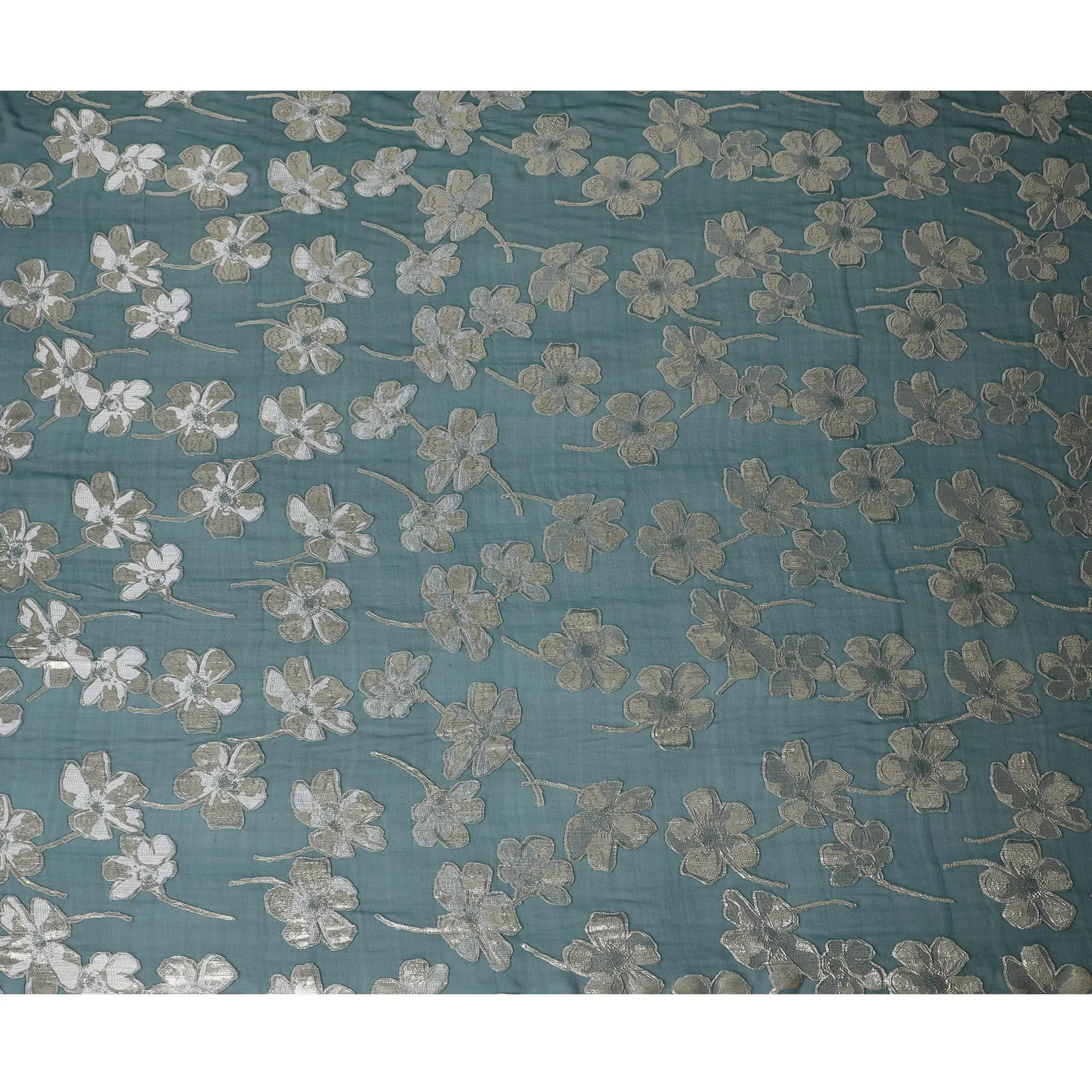 Bottle green Premium pure silk chiffon fabric with same tone viscose having gold and silver metallic lurex in floral design-D17234