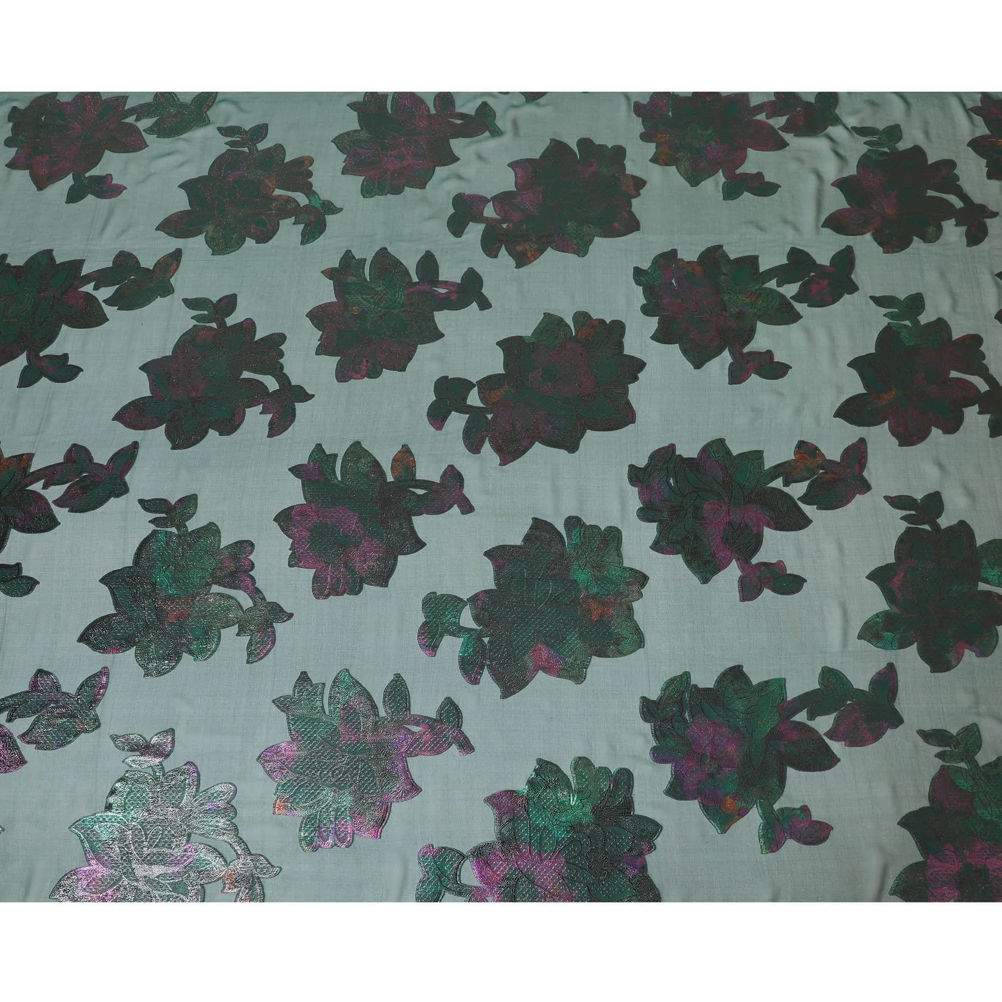 Bottle green pure silk chiffon fabric with multicolor metallic lurex in floral design-D8795