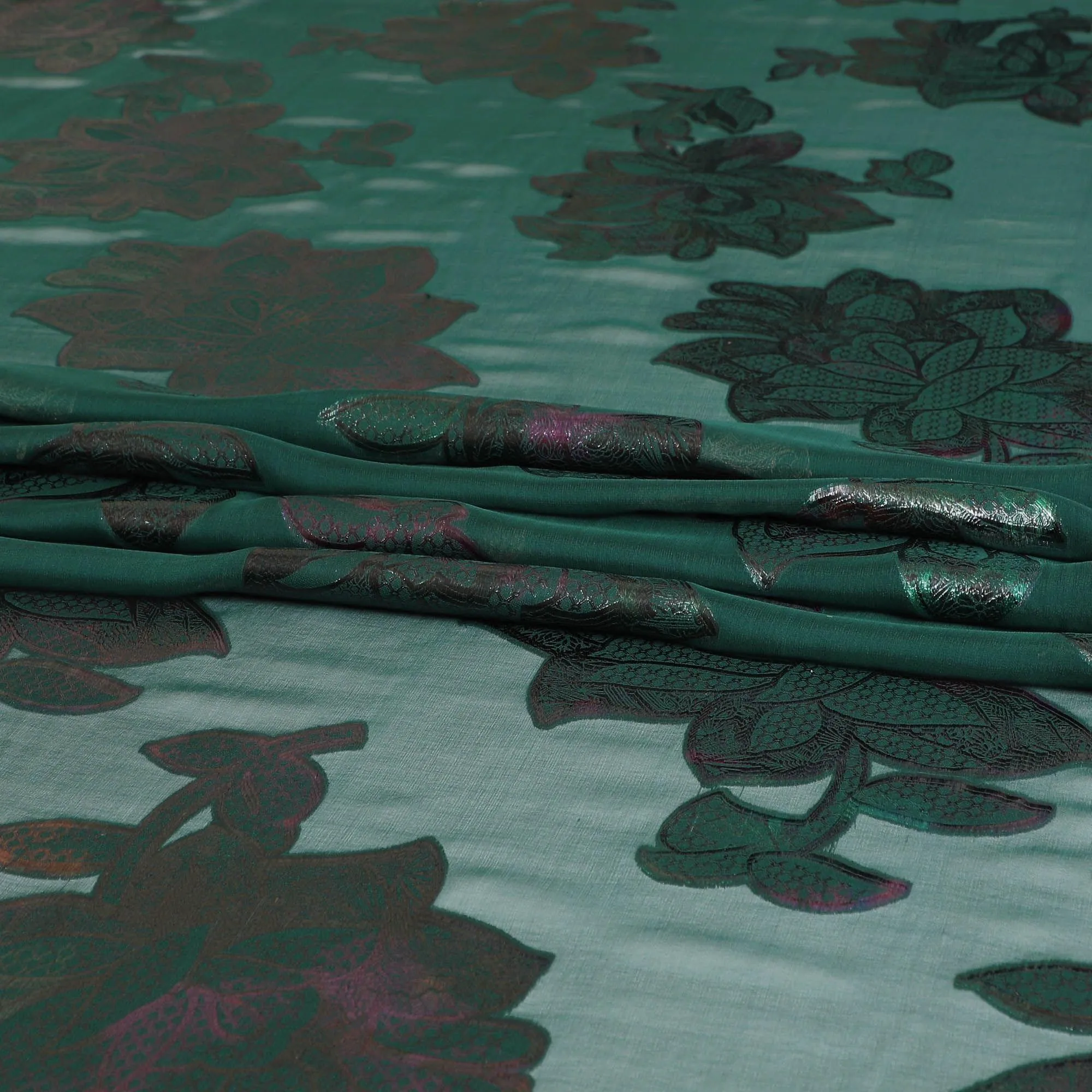 Bottle green pure silk chiffon fabric with multicolor metallic lurex in floral design-D8795
