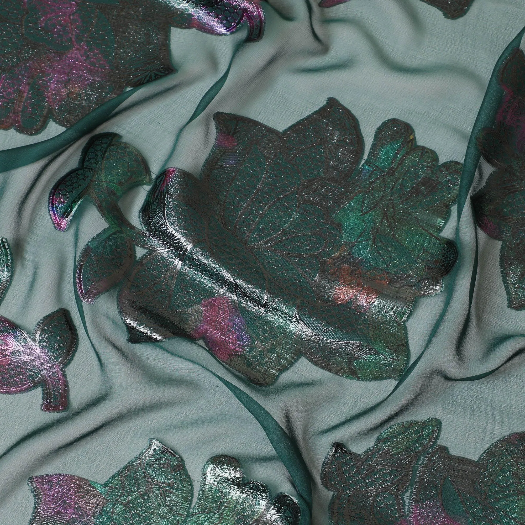 Bottle green pure silk chiffon fabric with multicolor metallic lurex in floral design-D8795