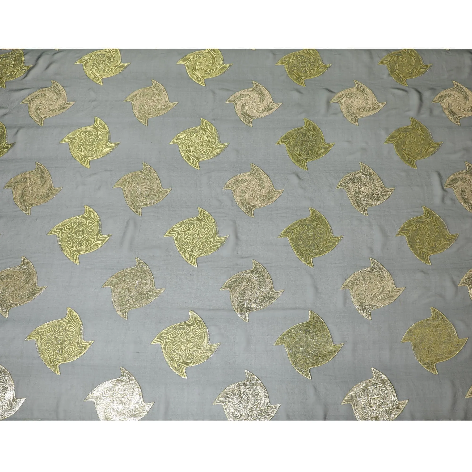 Bottle green pure silk chiffon fabric with neon green viscose and gold metallic lurex in abstract design-D8788