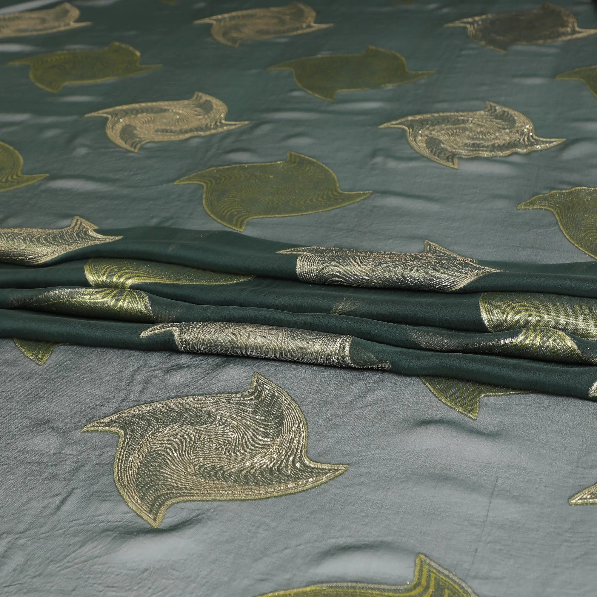 Bottle green pure silk chiffon fabric with neon green viscose and gold metallic lurex in abstract design-D8788