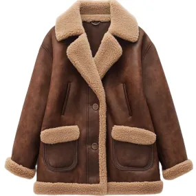 Brown Shearling Lined Leather Coat - Timeless Winter Elegance | El Zoro