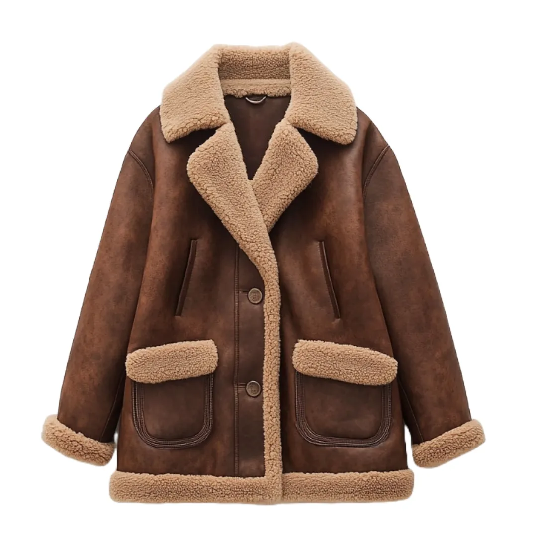 Brown Shearling Lined Leather Coat - Timeless Winter Elegance | El Zoro