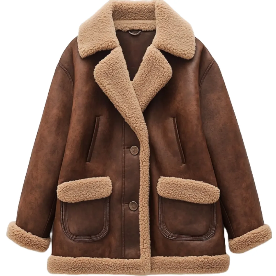 Brown Shearling Lined Leather Coat - Timeless Winter Elegance | El Zoro