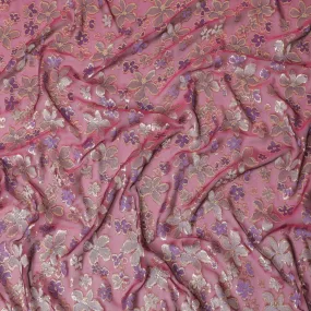 Burgundy Premium pure changent silk chiffon fabric with purple viscose having gold metallic lurex in floral design-D14649