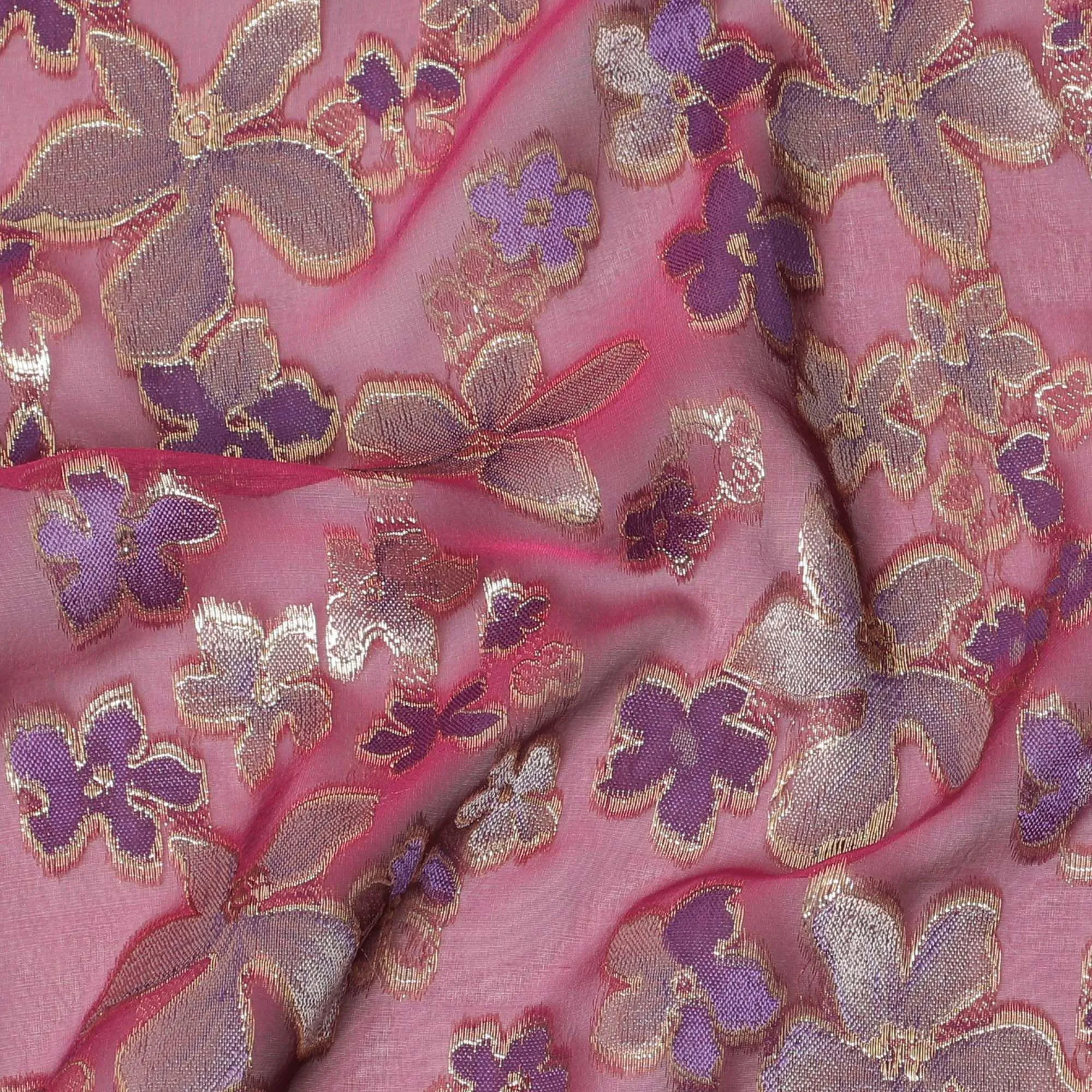 Burgundy Premium pure changent silk chiffon fabric with purple viscose having gold metallic lurex in floral design-D14649