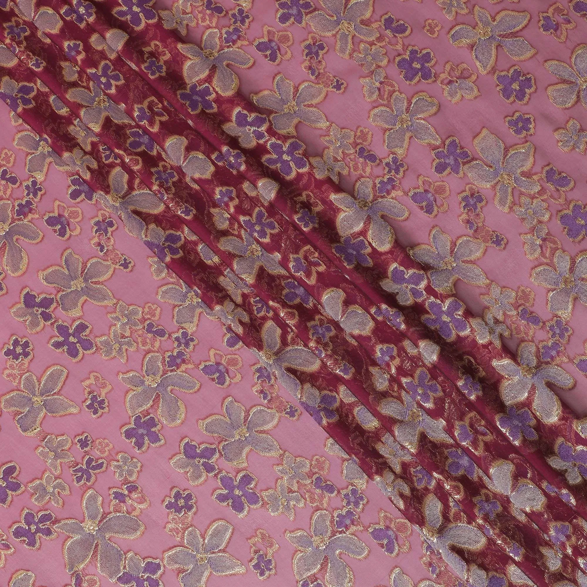 Burgundy Premium pure changent silk chiffon fabric with purple viscose having gold metallic lurex in floral design-D14649