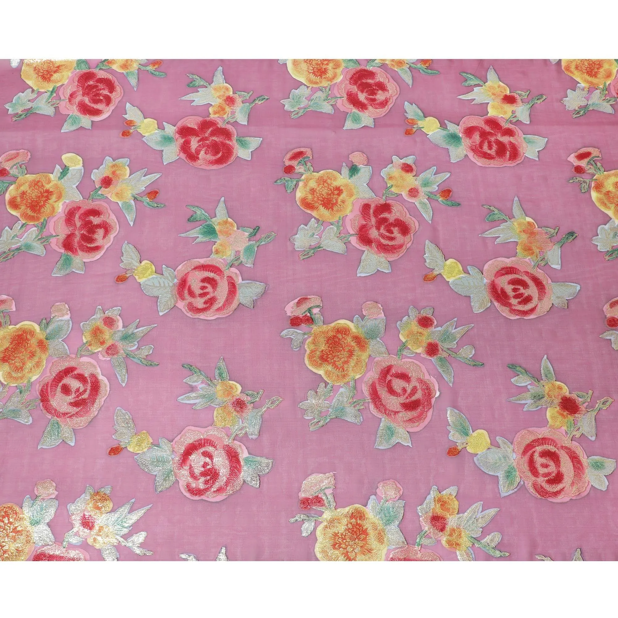 Burgundy premium pure silk chiffon fabric with multicolor metallic lurex in floral design-D10778