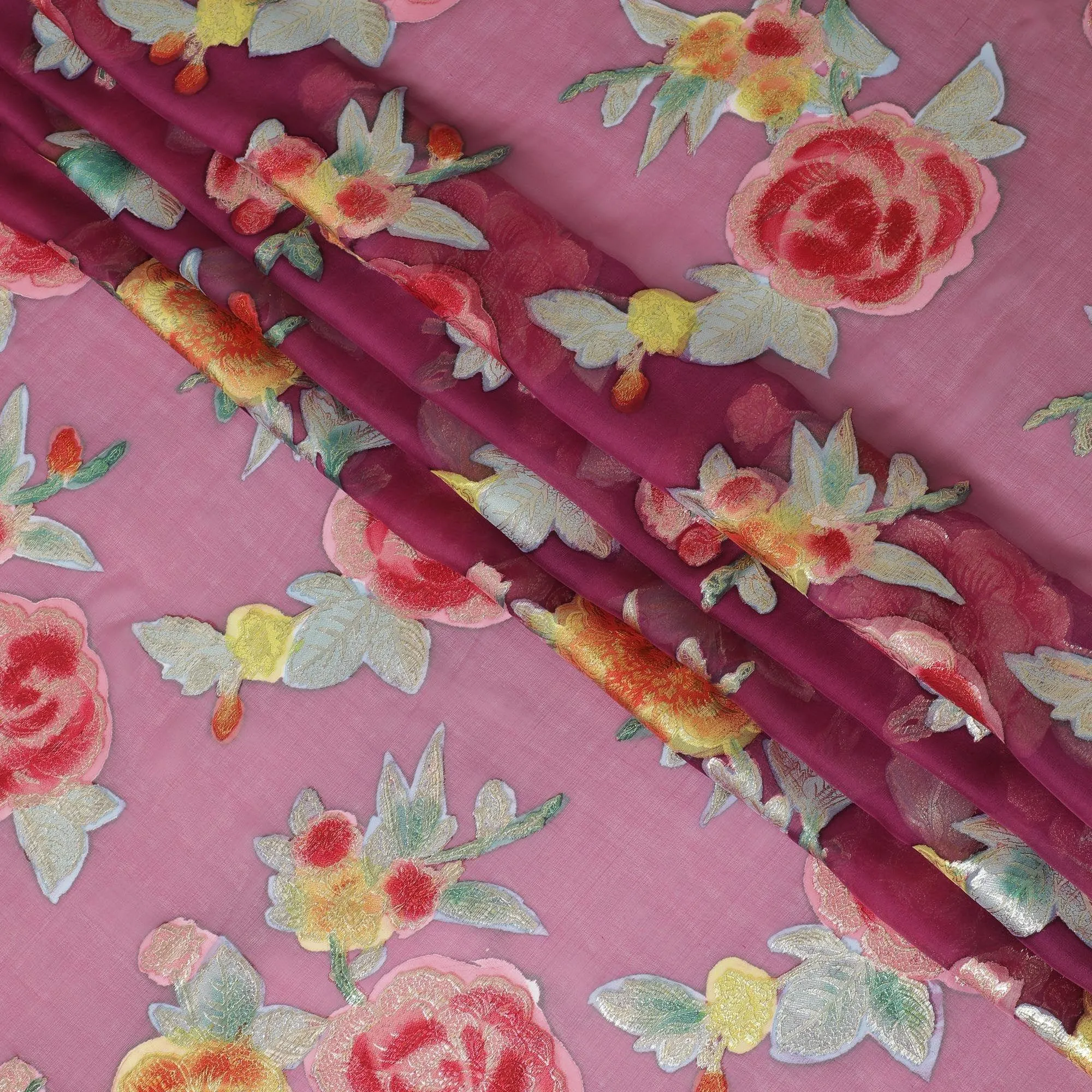 Burgundy premium pure silk chiffon fabric with multicolor metallic lurex in floral design-D10778