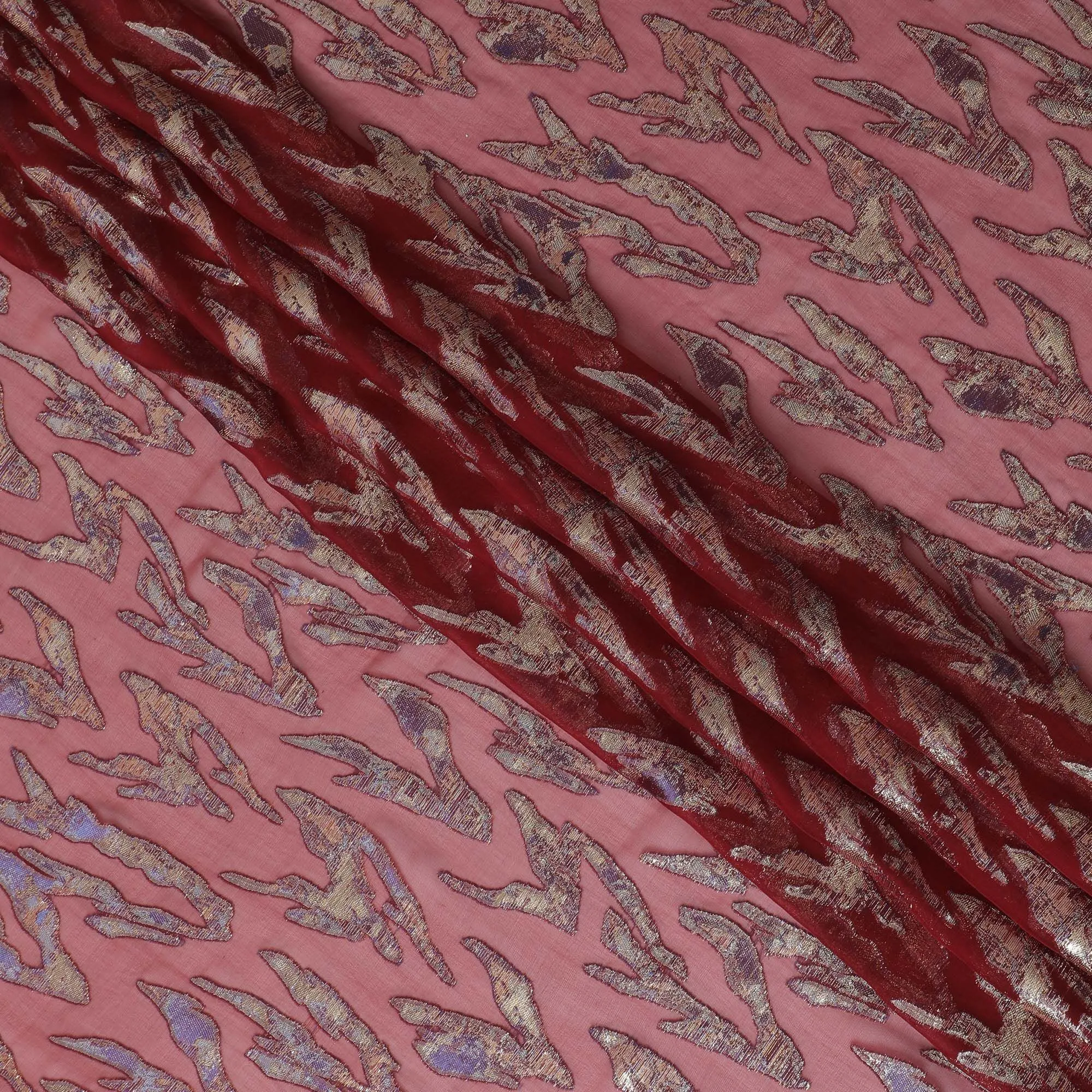 Burgundy Pure Silk Chiffon with Metallic Lurex Abstract, 110cm Width - Intricately Woven in South Korea-D17902