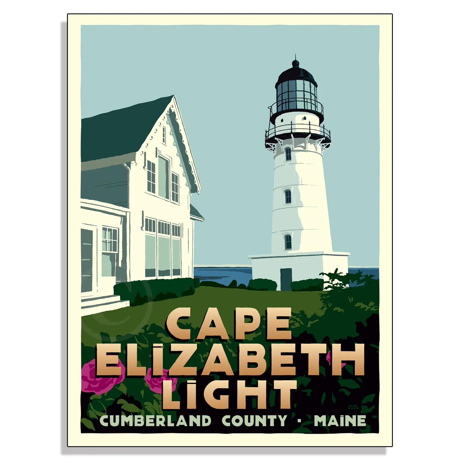 Cape Elizabeth Light Art Print 18" x 24" Travel Poster By Alan Claude - Maine