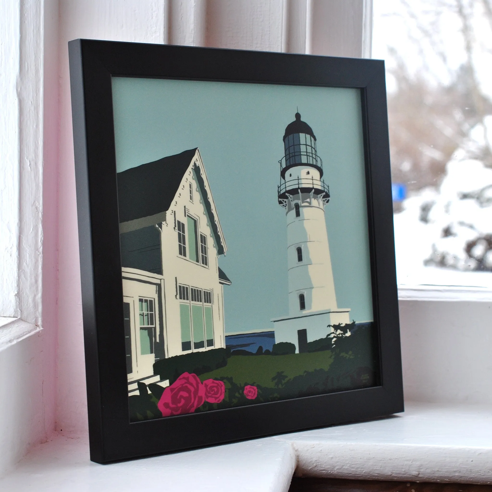 Cape Elizabeth Light Art Print 8" x 8" Framed Wall Poster By Alan Claude - Maine
