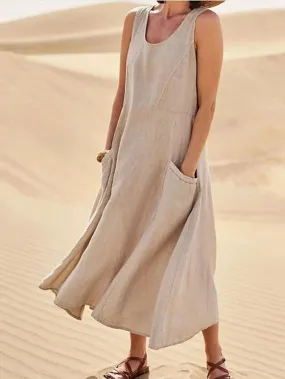 Casual Dress Cotton Dress Shift Dress Midi Dress Blue Pink Khaki Sleeveless Pure Color Pocket Spring Summer Crew Neck Basic Daily Vacation Weekend Loose Fit  S M L XL XXL for Women
