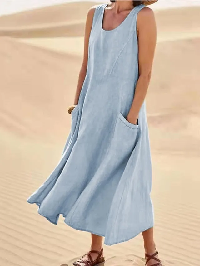 Casual Dress Cotton Dress Shift Dress Midi Dress Blue Pink Khaki Sleeveless Pure Color Pocket Spring Summer Crew Neck Basic Daily Vacation Weekend Loose Fit  S M L XL XXL for Women