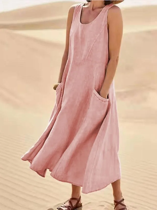 Casual Dress Cotton Dress Shift Dress Midi Dress Blue Pink Khaki Sleeveless Pure Color Pocket Spring Summer Crew Neck Basic Daily Vacation Weekend Loose Fit  S M L XL XXL for Women