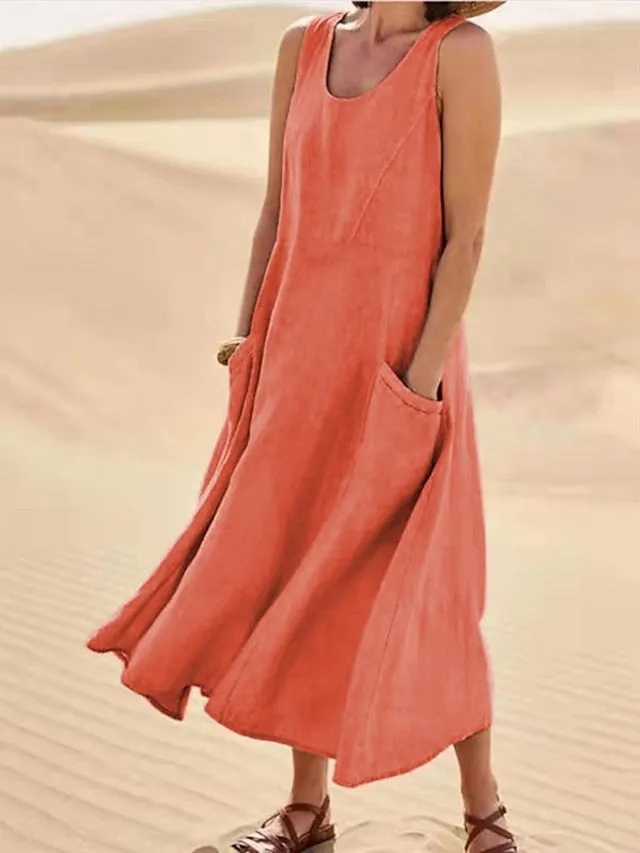 Casual Dress Cotton Dress Shift Dress Midi Dress Blue Pink Khaki Sleeveless Pure Color Pocket Spring Summer Crew Neck Basic Daily Vacation Weekend Loose Fit  S M L XL XXL for Women