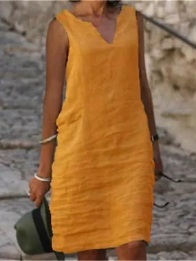 Casual Dress Cotton Dress Shift Dress Midi Dress Green Blue Pink Sleeveless Pure Color Spring Summer V Neck Basic Daily Weekend Loose Fit  S M L XL XXL 3XL 4XL for Women