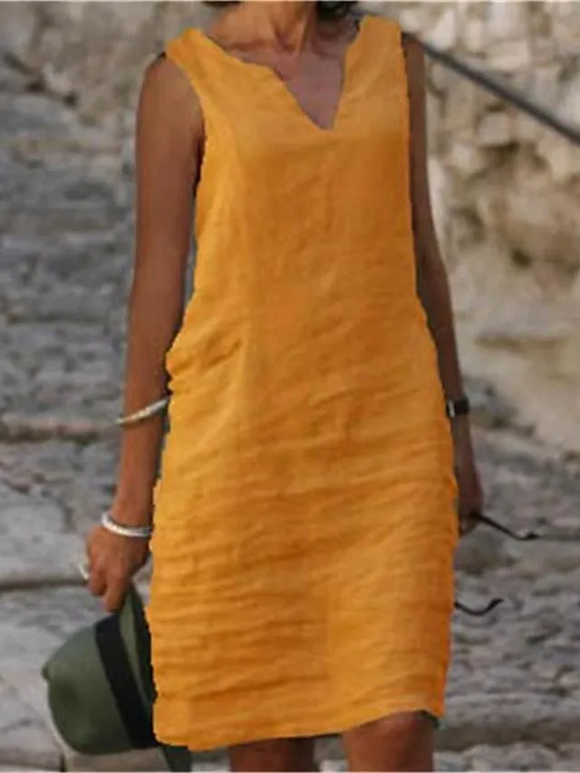 Casual Dress Cotton Dress Shift Dress Midi Dress Green Blue Pink Sleeveless Pure Color Spring Summer V Neck Basic Daily Weekend Loose Fit  S M L XL XXL 3XL 4XL for Women
