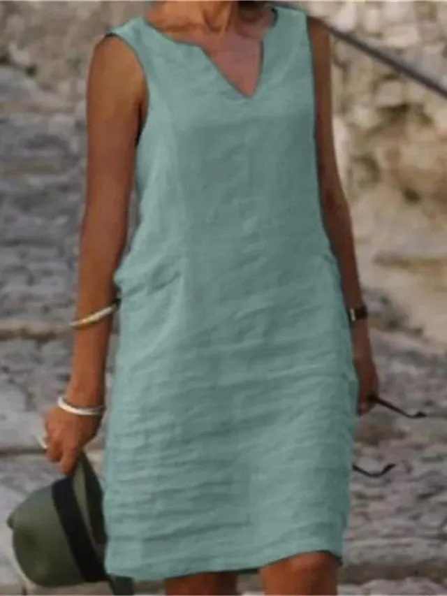 Casual Dress Cotton Dress Shift Dress Midi Dress Green Blue Pink Sleeveless Pure Color Spring Summer V Neck Basic Daily Weekend Loose Fit  S M L XL XXL 3XL 4XL for Women