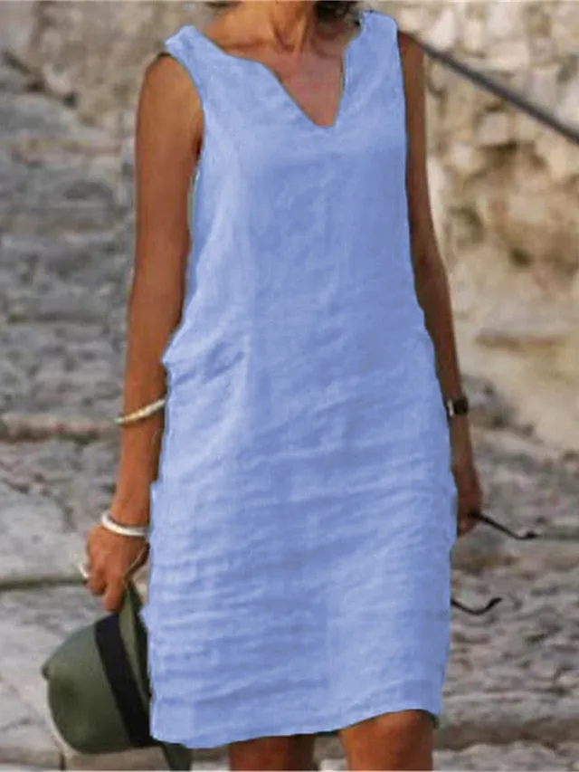 Casual Dress Cotton Dress Shift Dress Midi Dress Green Blue Pink Sleeveless Pure Color Spring Summer V Neck Basic Daily Weekend Loose Fit  S M L XL XXL 3XL 4XL for Women