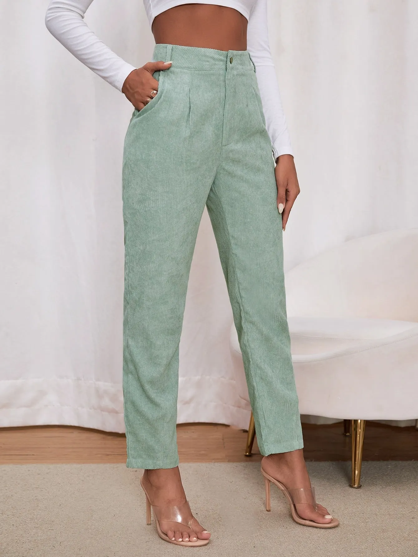 Casual Plain Pocket Natural Cropped Women Pants