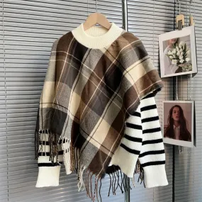 Colorblock Striped Patchwork Plaid Shawl Casual Knitting Sweaters For Women Round Neck Long Sleeve Sweater Female