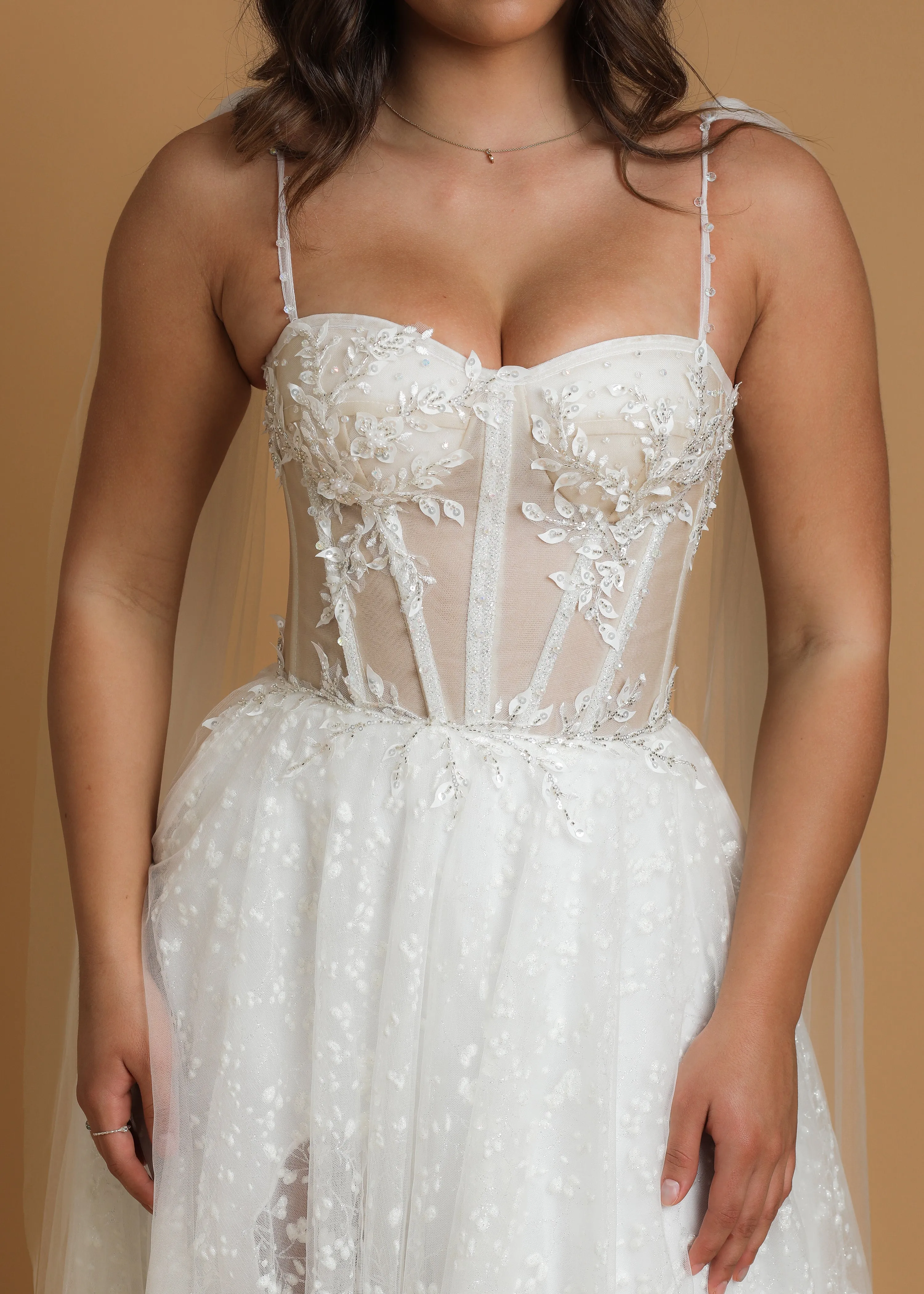 corset princess wedding dress with off the shoulder tulle cape and vine, floral and beaded details