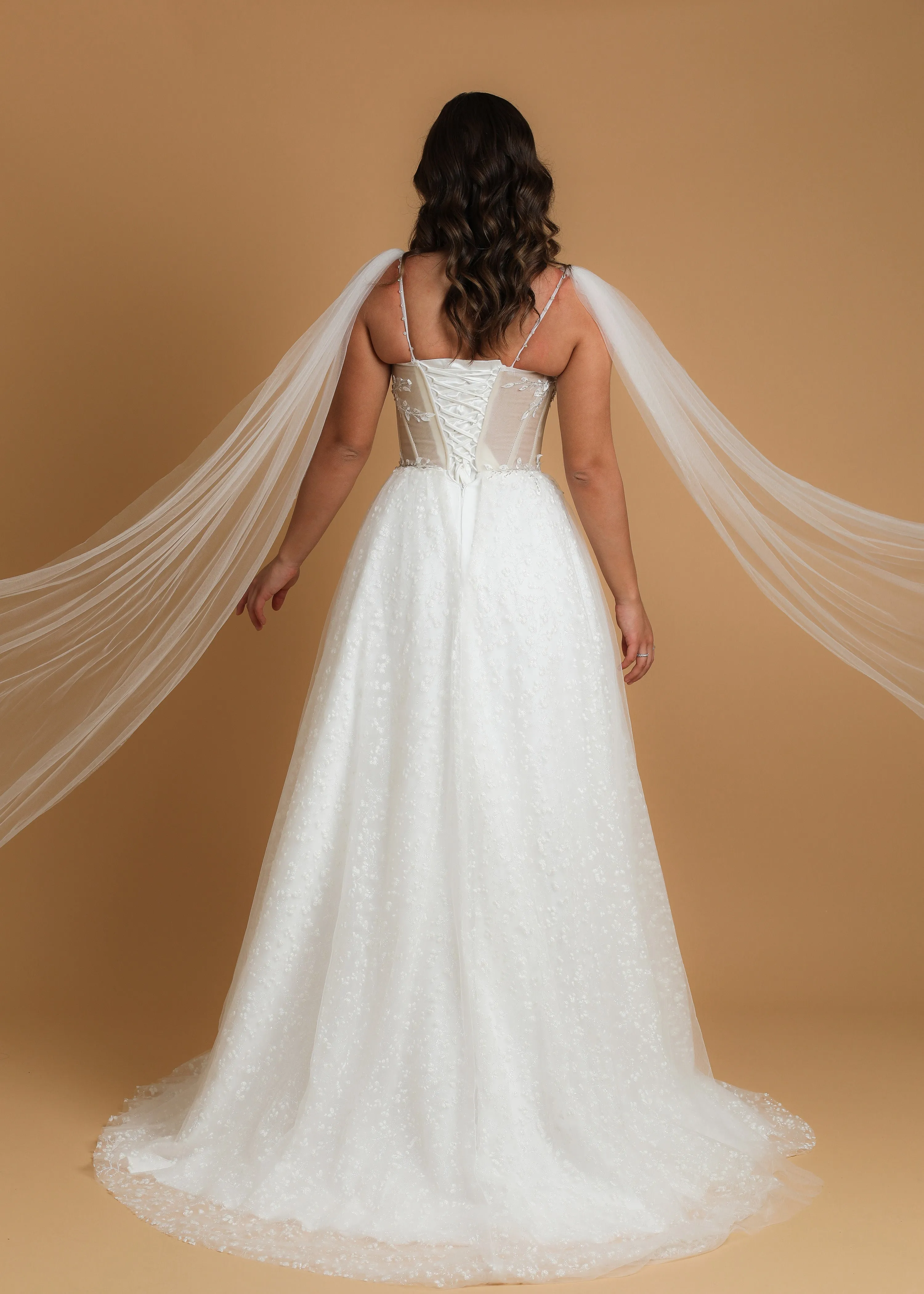 corset princess wedding dress with off the shoulder tulle cape and vine, floral and beaded details