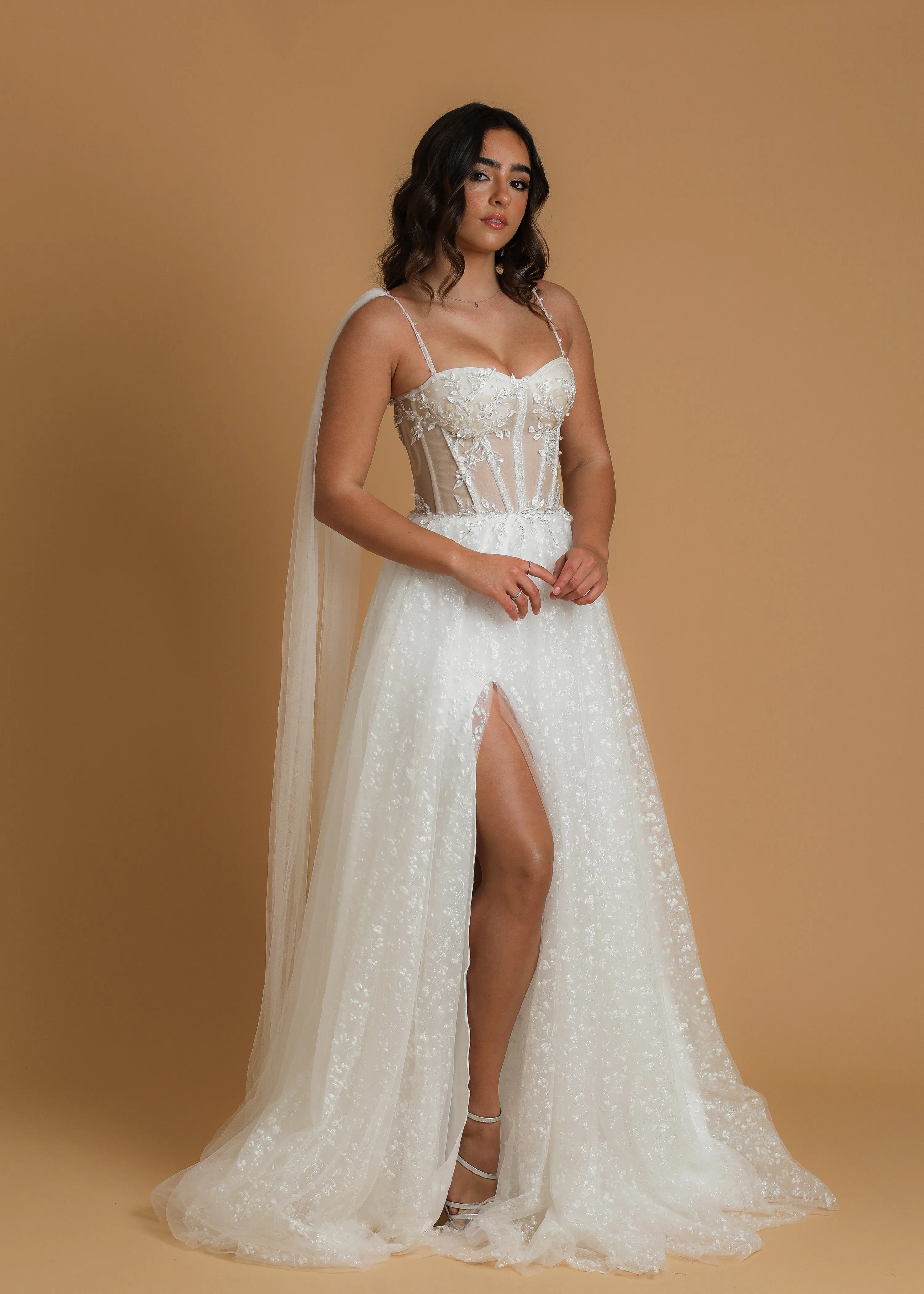 corset princess wedding dress with off the shoulder tulle cape and vine, floral and beaded details