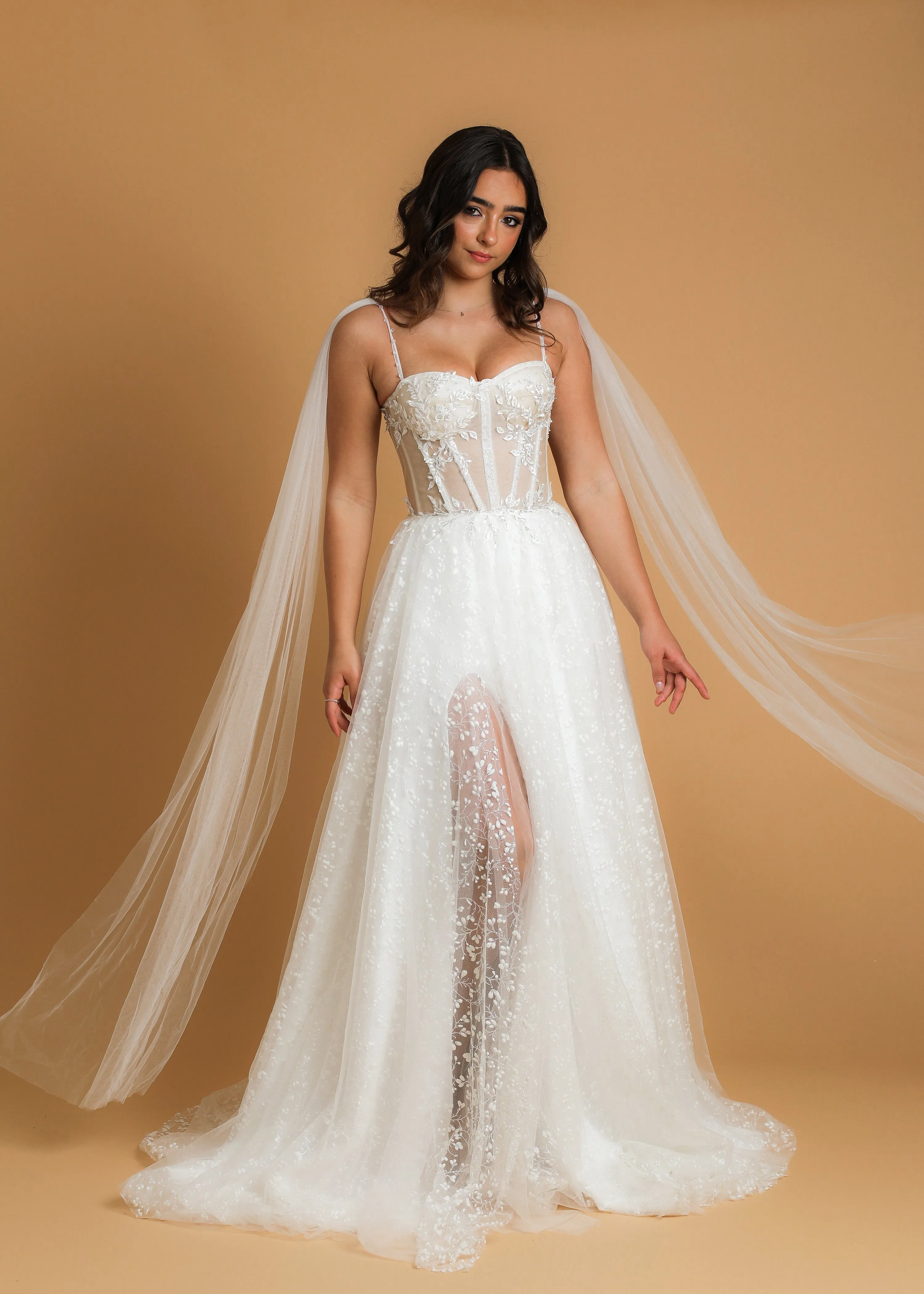 corset princess wedding dress with off the shoulder tulle cape and vine, floral and beaded details