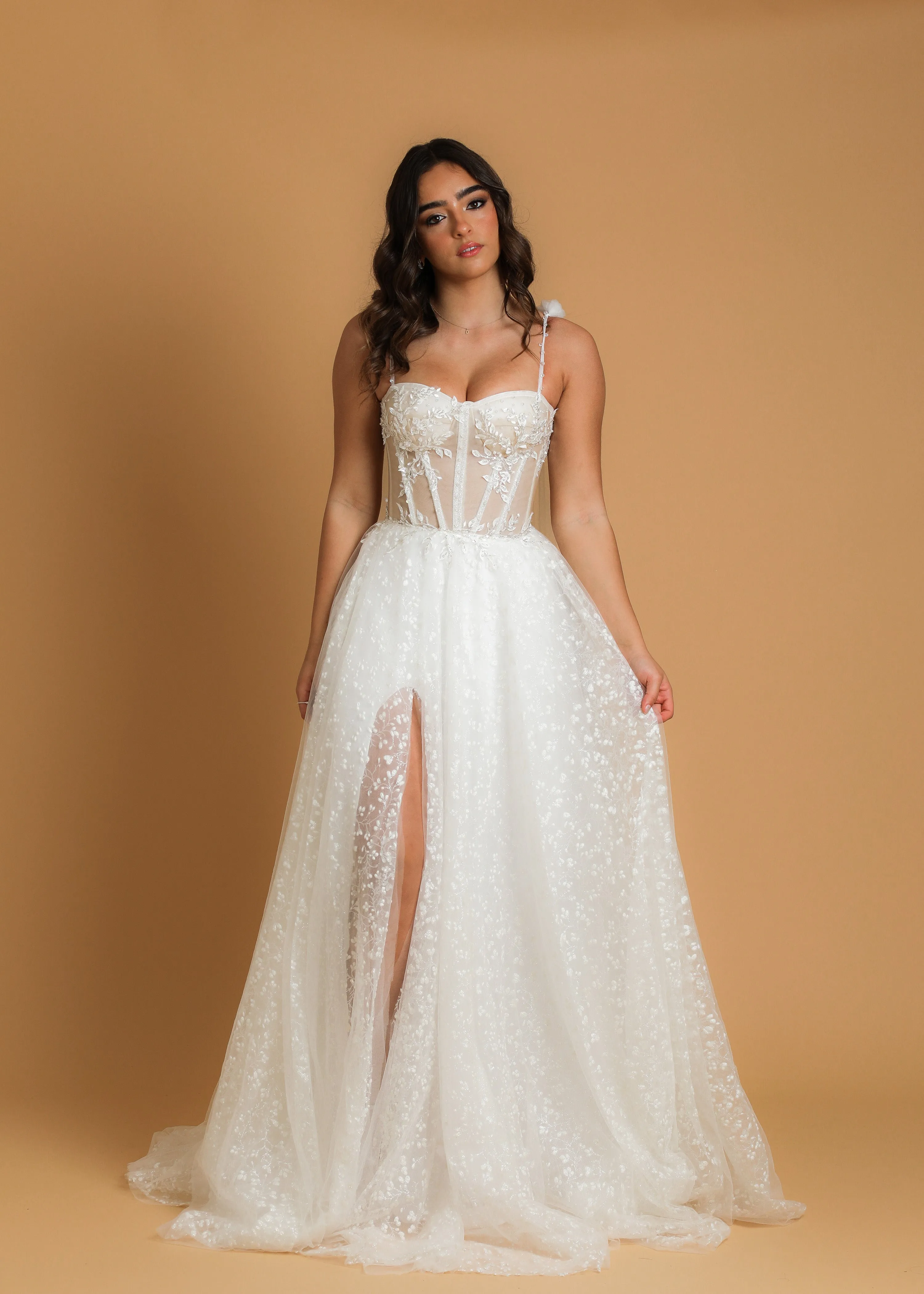 corset princess wedding dress with off the shoulder tulle cape and vine, floral and beaded details
