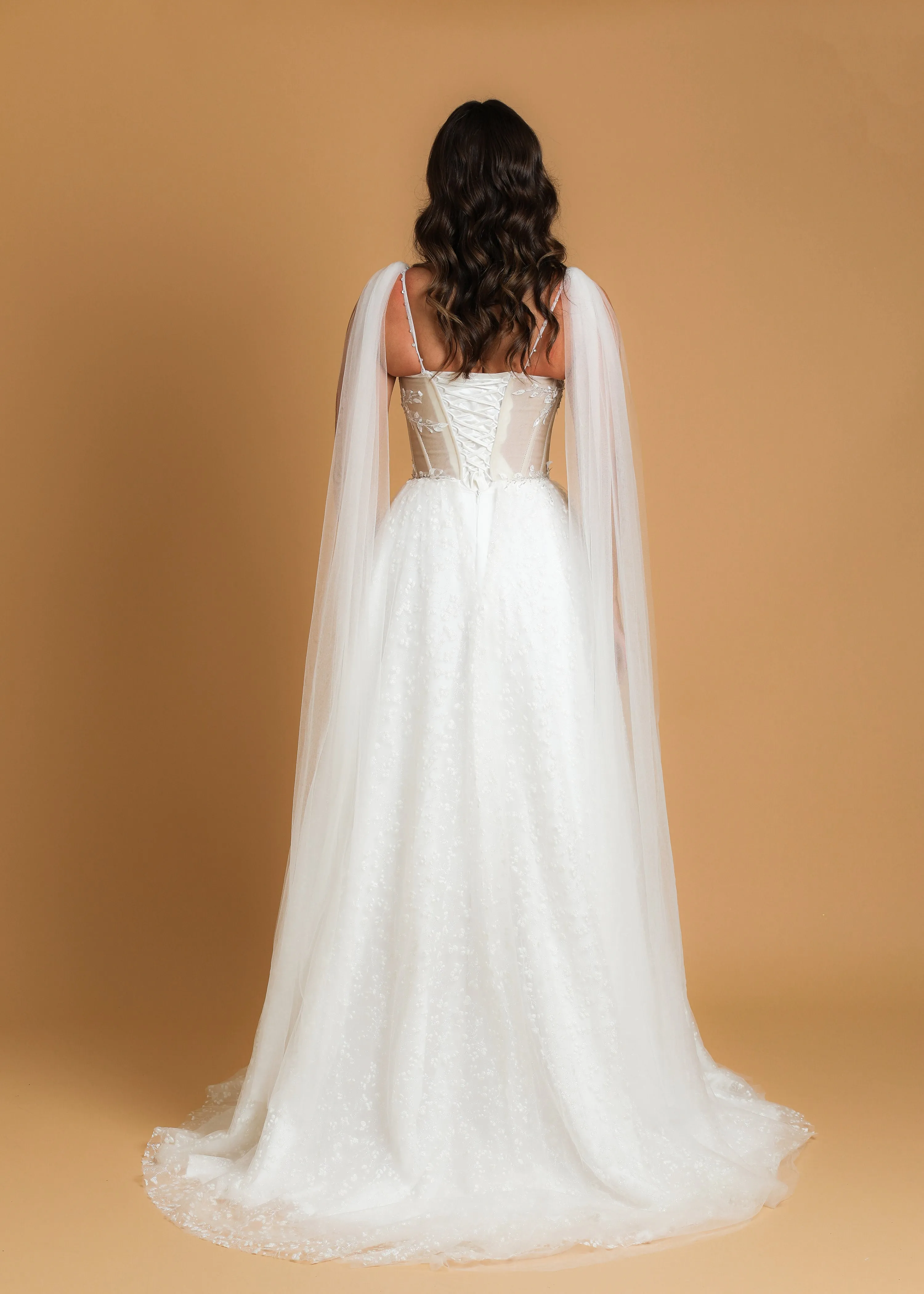 corset princess wedding dress with off the shoulder tulle cape and vine, floral and beaded details