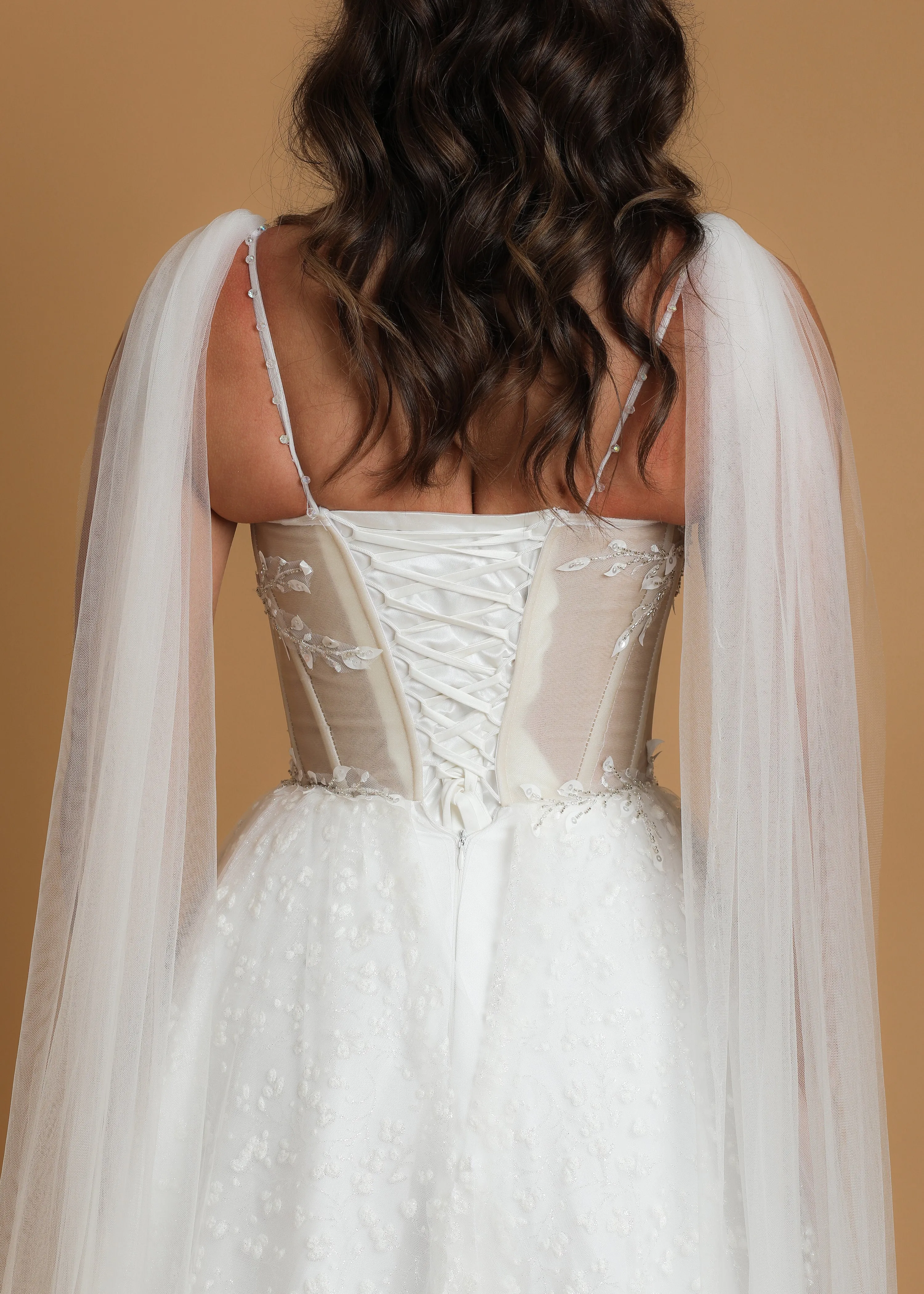 corset princess wedding dress with off the shoulder tulle cape and vine, floral and beaded details