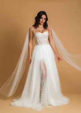 corset princess wedding dress with off the shoulder tulle cape and vine, floral and beaded details