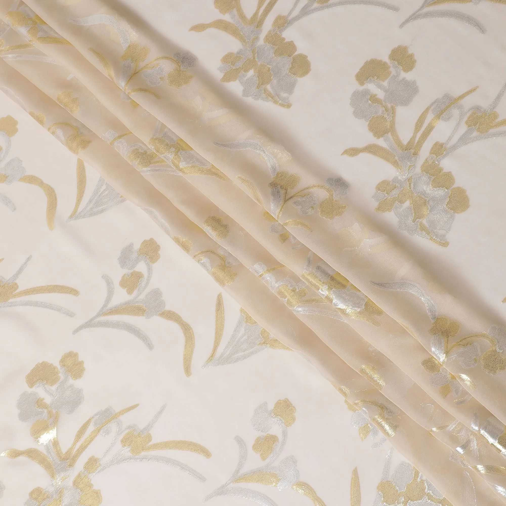Cream Premium pure silk chiffon fabric with gold and silver metallic lurex in floral design-D16447
