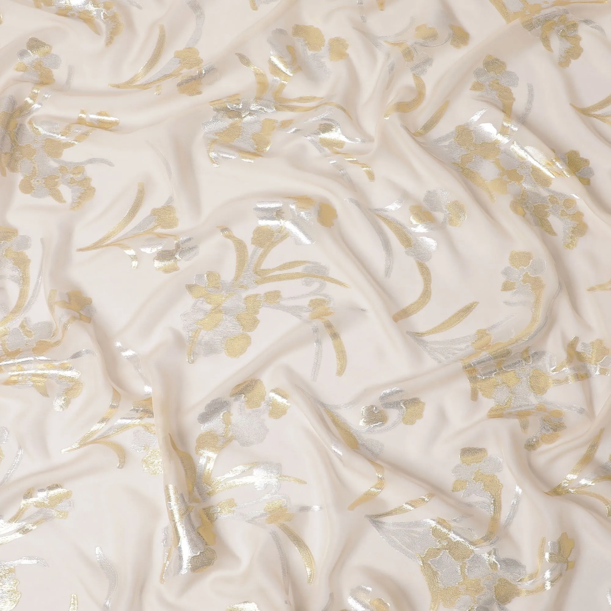 Cream Premium pure silk chiffon fabric with gold and silver metallic lurex in floral design-D16447
