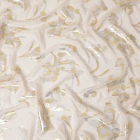 Cream Premium pure silk chiffon fabric with gold and silver metallic lurex in floral design-D16447