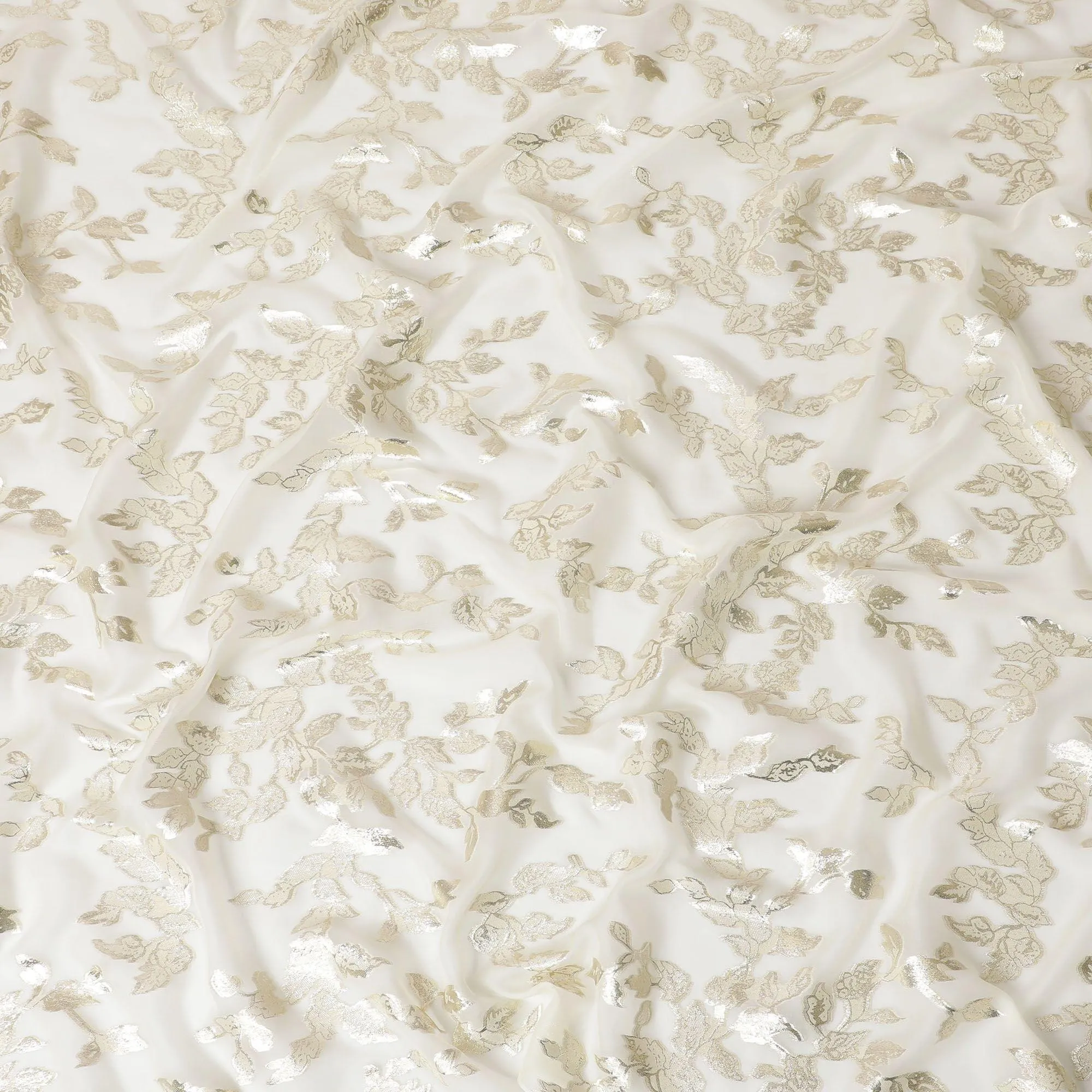 Cream Premium pure silk chiffon fabric with gold metallic lurex in leaf design-D15449
