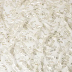 Cream Premium pure silk chiffon fabric with gold metallic lurex in leaf design-D15449