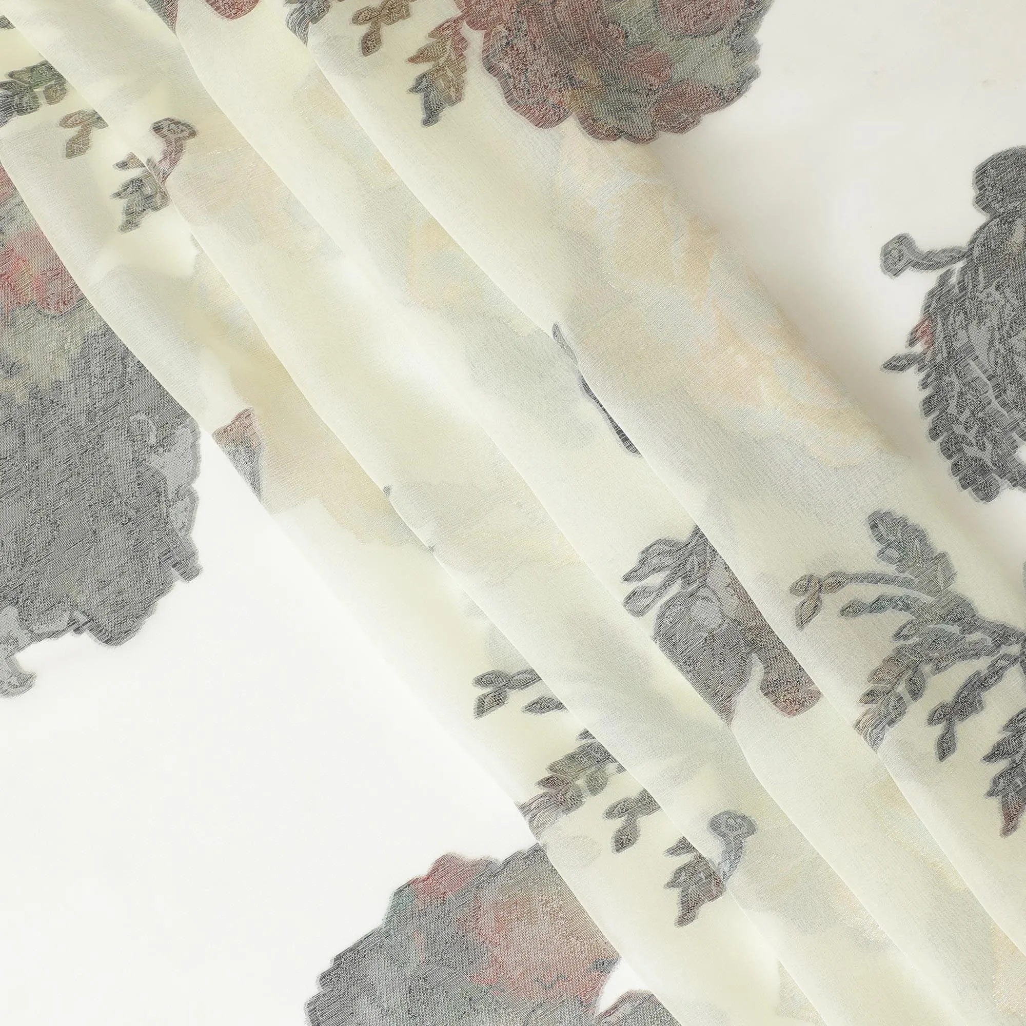 Cream Premium pure silk chiffon fabric with multicolor metallic lurex in floral design-D9703